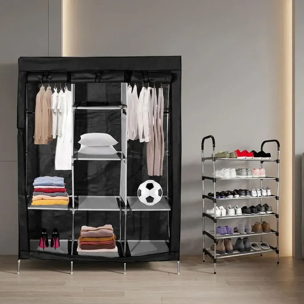 Combo organizador con armario de tela 3 puestos y zapatero metálico 6 niveles, ideal para ropa, zapatos y accesorios en dormitorios y espacios pequeños.