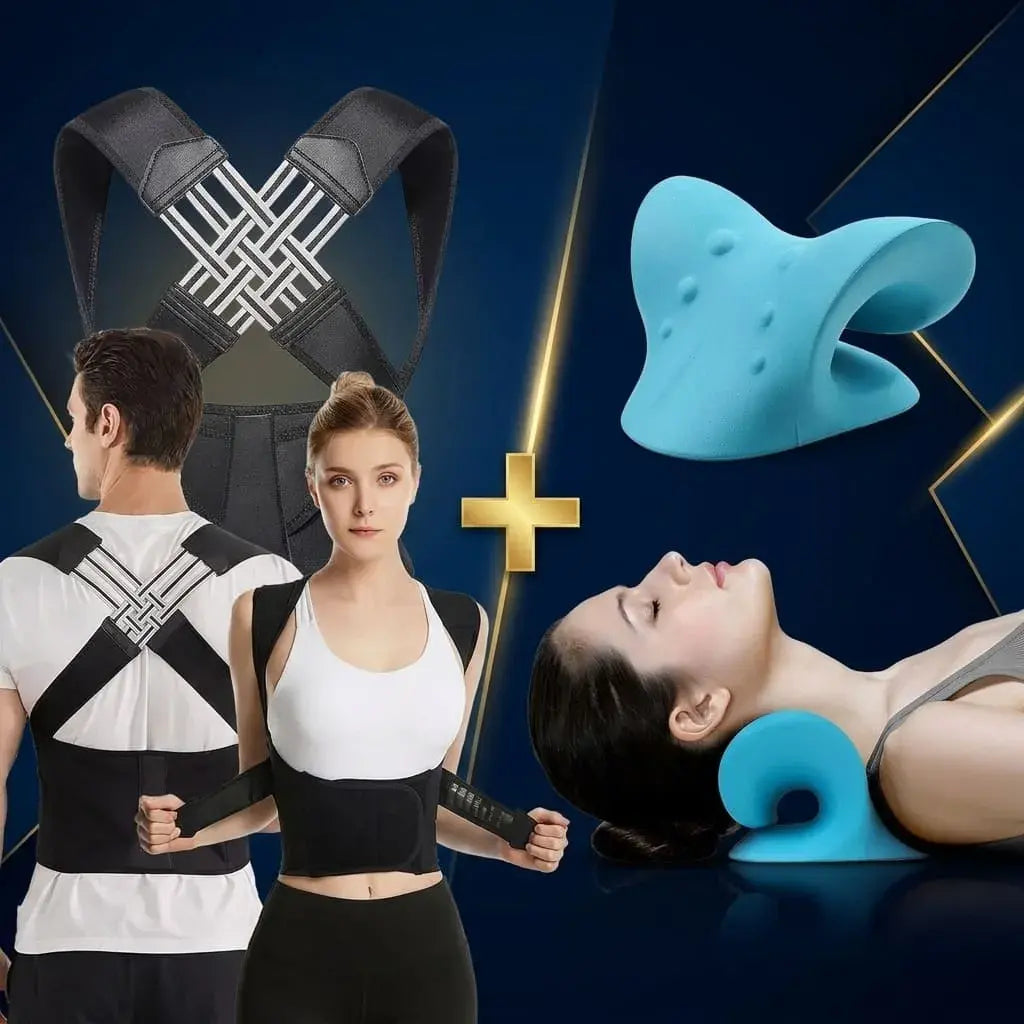 Combo corrector de postura ajustable y almohada cervical ergonómica para soporte de espalda, cuello y hombros. Ideal para casa, oficina y descanso diario.