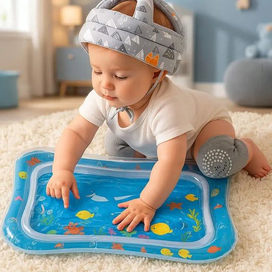 Combo para gateo de bebé con tapete sensorial de agua, casco protector y rodilleras antideslizantes. Estimula el desarrollo motor y brinda seguridad en cada movimiento.
