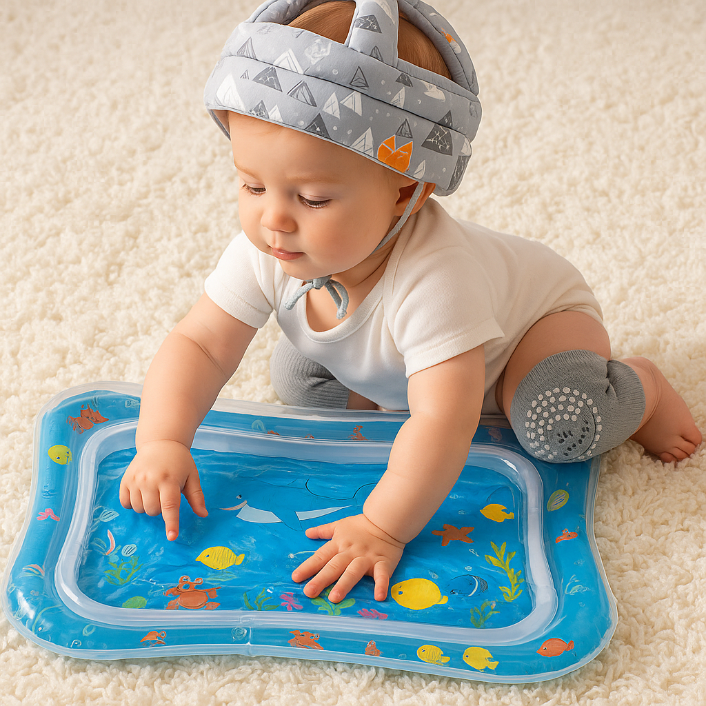 Combo para gateo de bebé con tapete sensorial de agua, casco protector y rodilleras antideslizantes. Estimula el desarrollo motor y brinda seguridad en cada movimiento.