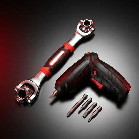 combo de herramientas con destornillador eléctrico inalámbrico recargable y llave universal 48 en 1, ideal para reparaciones, bricolaje y mantenimiento en casa.