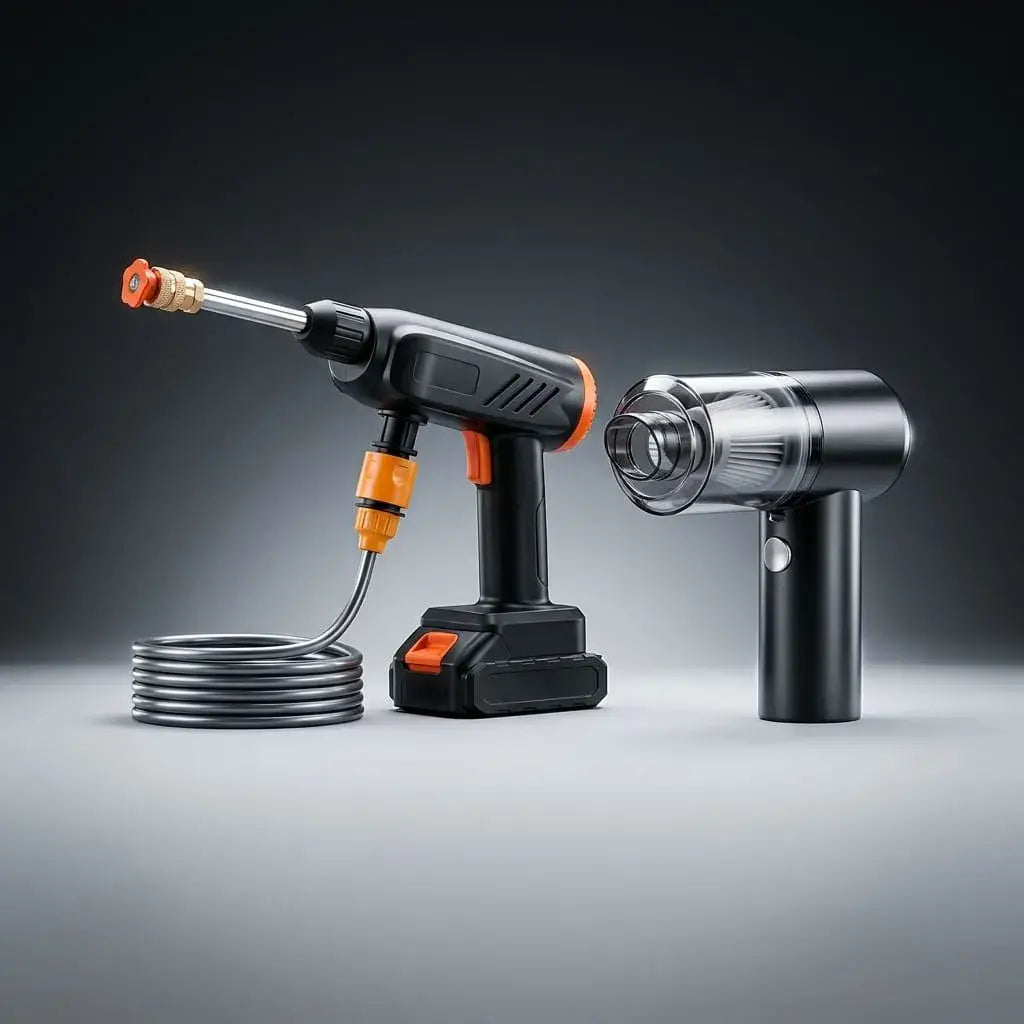 Combo de limpieza portátil con hidrolavadora inalámbrica 48V de 2 baterías y aspiradora de mano. Ideal para carro, hogar, patios y exteriores.