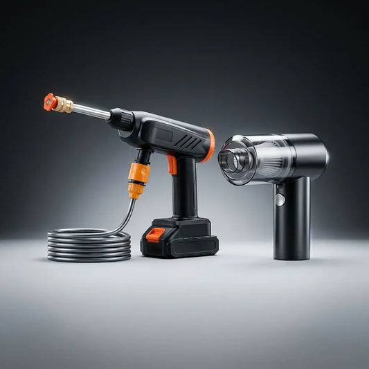 Combo de limpieza portátil con hidrolavadora inalámbrica 48V de 2 baterías y aspiradora de mano. Ideal para carro, hogar, patios y exteriores.