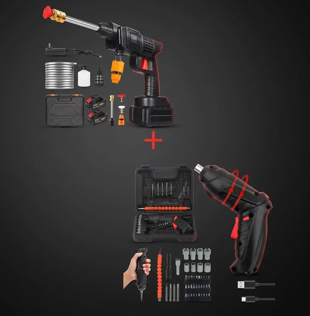 Combo de herramientas con hidrolavadora inalámbrica 48V de 2 baterías y destornillador eléctrico recargable, ideal para limpieza, bricolaje y mantenimiento.