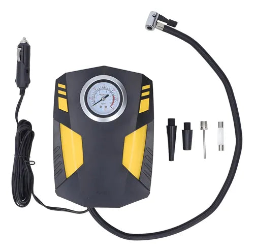 Compresor inflador portátil 12V para carro con presión máxima de 150 PSI, potencia de 120W, manómetro integrado y boquillas para llantas, motos, bicicletas y balones.