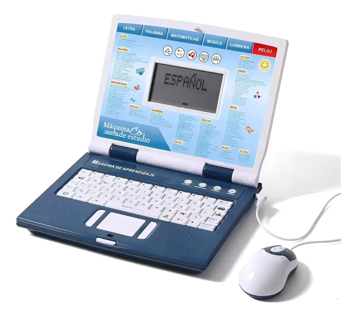 Computador didáctico infantil bilingüe con 130 actividades en español e inglés, teclado, mouse funcional, pantalla LED, sonido, luces y material ABS resistente para niños desde 3 años.