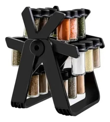 Condimentero organizador giratorio 360 con 18 frascos de vidrio de grado alimenticio, estante negro en ABS resistente y diseño compacto para especias y condimentos.