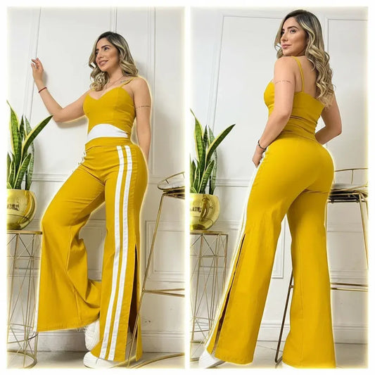 Compra conjunto mujer en bengalina licrada con pantalón bota campana, talla única ajustable a 6, 8 y 10. Moda colombiana moderna con envío rápido.