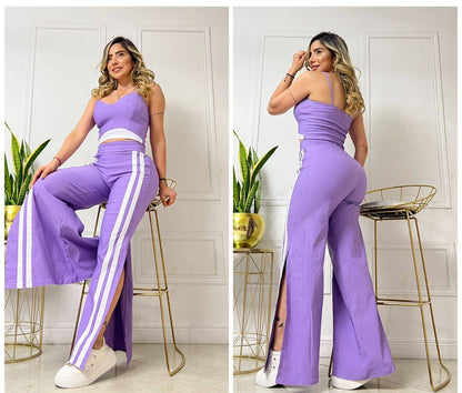 Compra conjunto mujer en bengalina licrada con pantalón bota campana, talla única ajustable a 6, 8 y 10. Moda colombiana moderna con envío rápido.