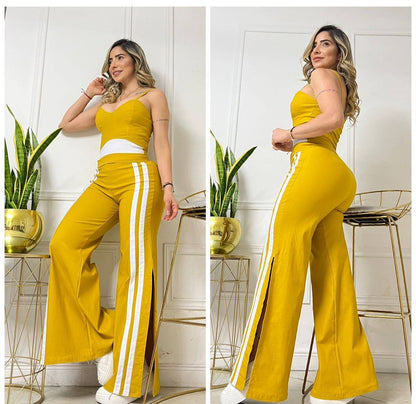 Compra conjunto mujer en bengalina licrada con pantalón bota campana, talla única ajustable a 6, 8 y 10. Moda colombiana moderna con envío rápido.