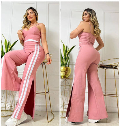 Compra conjunto mujer en bengalina licrada con pantalón bota campana, talla única ajustable a 6, 8 y 10. Moda colombiana moderna con envío rápido.