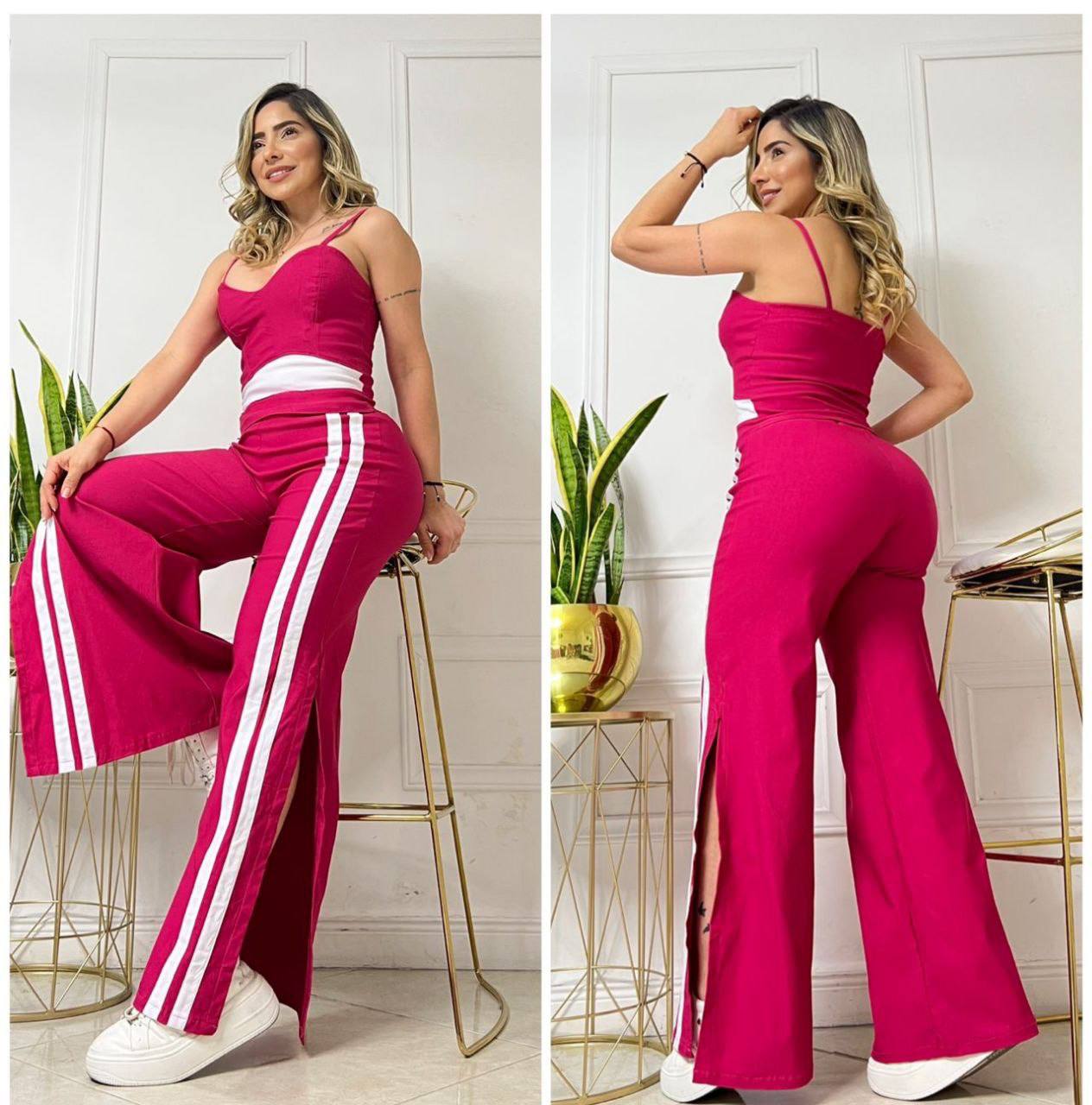 Compra conjunto mujer en bengalina licrada con pantalón bota campana, talla única ajustable a 6, 8 y 10. Moda colombiana moderna con envío rápido.
