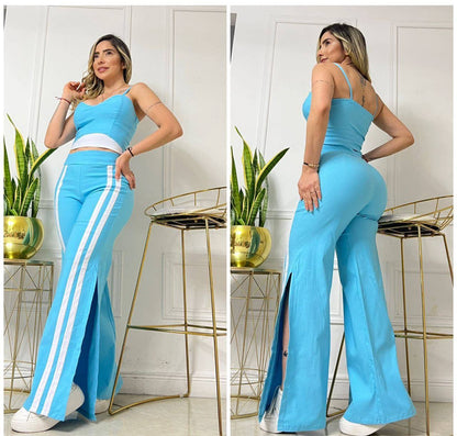 Compra conjunto mujer en bengalina licrada con pantalón bota campana, talla única ajustable a 6, 8 y 10. Moda colombiana moderna con envío rápido.