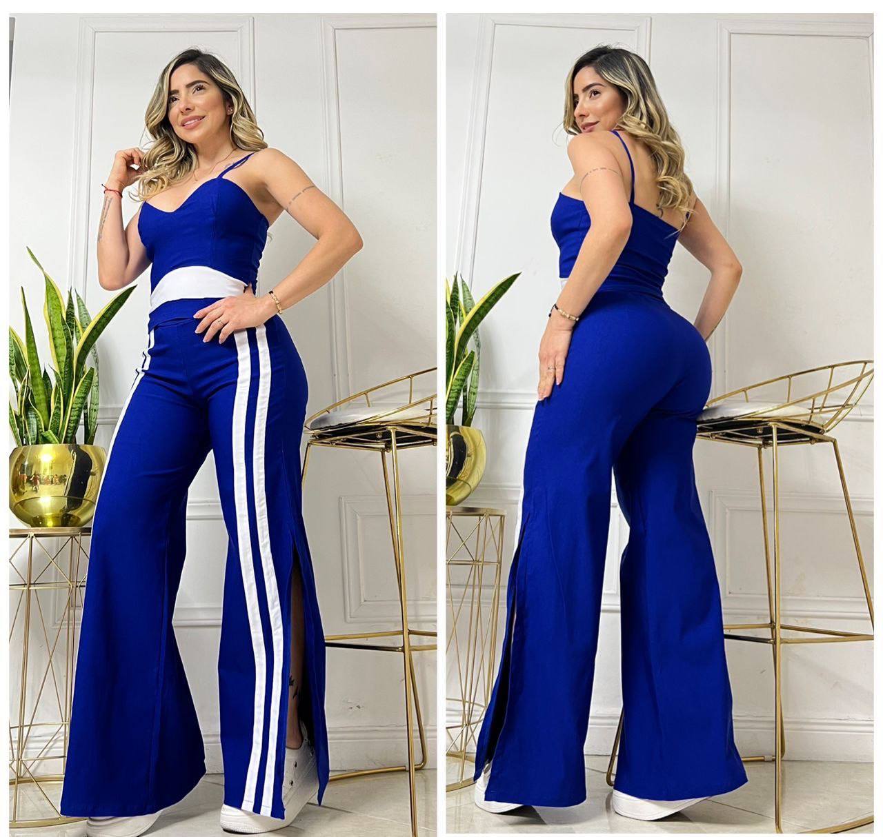 Compra conjunto mujer en bengalina licrada con pantalón bota campana, talla única ajustable a 6, 8 y 10. Moda colombiana moderna con envío rápido.