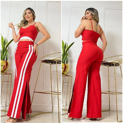 Compra conjunto mujer en bengalina licrada con pantalón bota campana, talla única ajustable a 6, 8 y 10. Moda colombiana moderna con envío rápido.