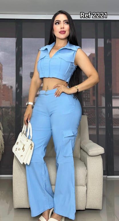 Compra conjunto chaleco y pantalón en bengalina licrada, talla única ajustable a S, M y L. Moda femenina moderna con envío rápido en Colombia.