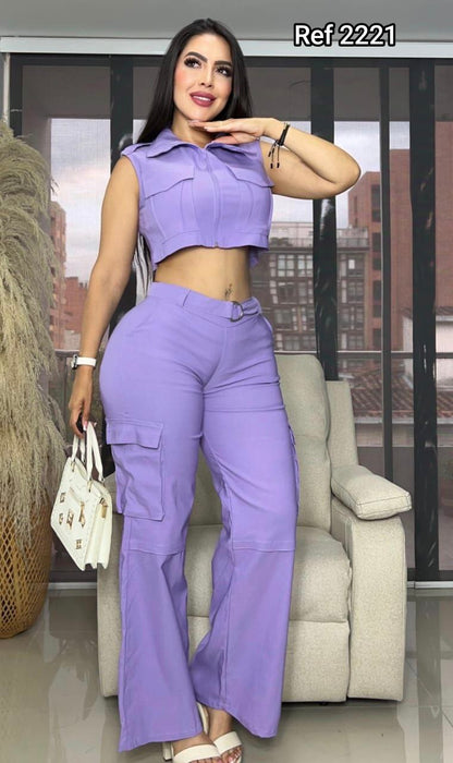 Compra conjunto chaleco y pantalón en bengalina licrada, talla única ajustable a S, M y L. Moda femenina moderna con envío rápido en Colombia.