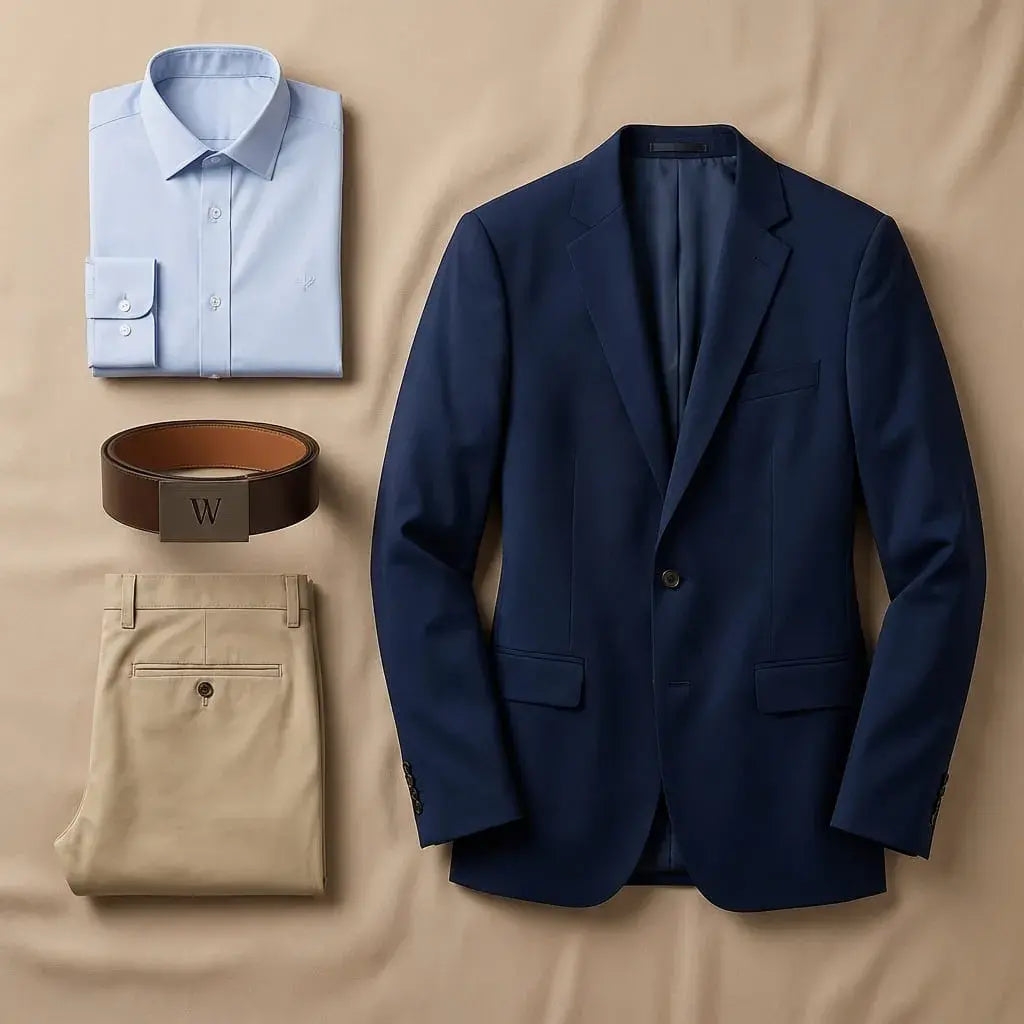 Compra conjunto formal para hombre con blazer, pantalón, camisa y correa en dril prelavado. Disponible en varias tallas, ideal para oficina y eventos en Colombia.