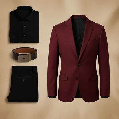 Compra conjunto formal para hombre con blazer, pantalón, camisa y correa en dril prelavado. Disponible en varias tallas, ideal para oficina y eventos en Colombia.