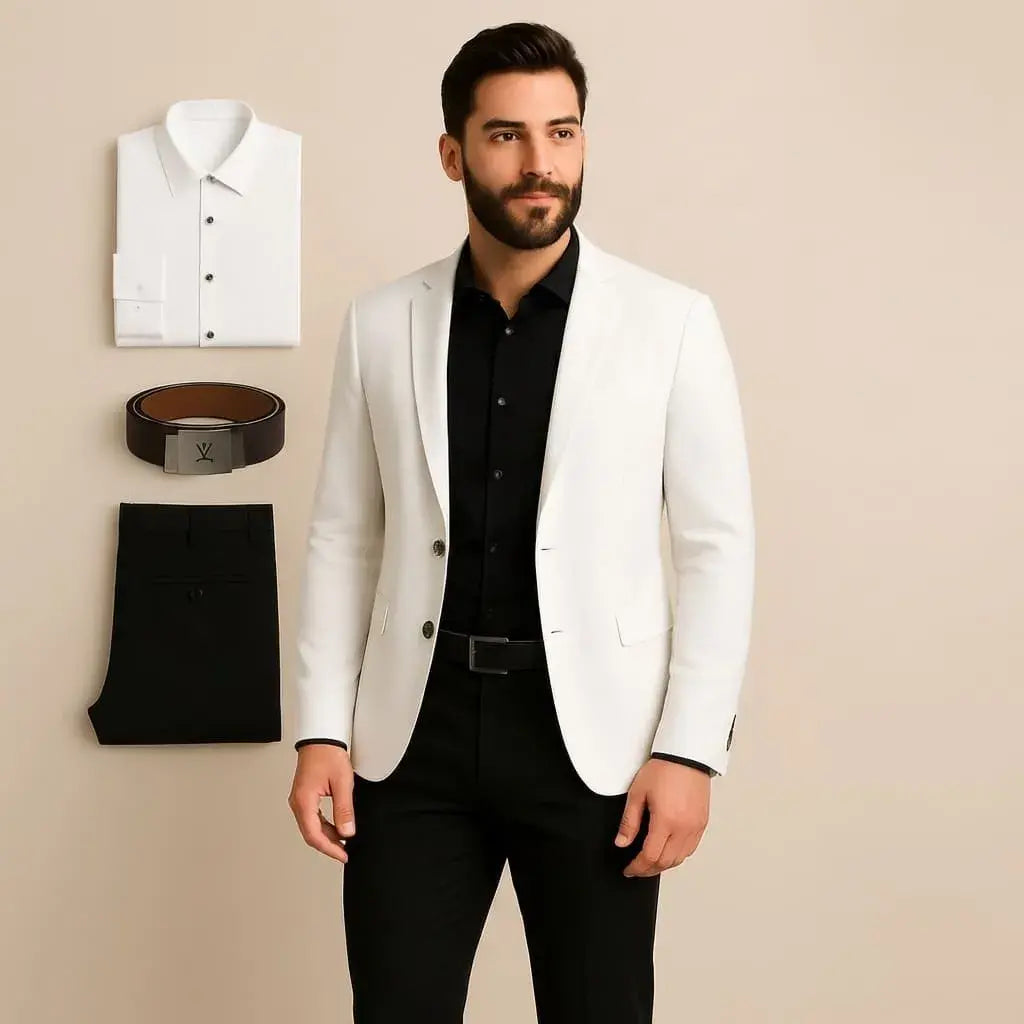 Compra conjunto formal para hombre con blazer, pantalón, camisa y correa en dril prelavado. Disponible en varias tallas, ideal para oficina y eventos en Colombia.