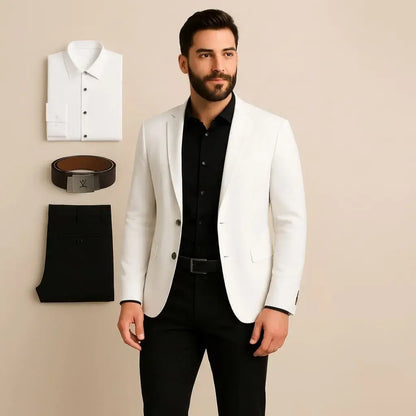 Compra conjunto formal para hombre con blazer, pantalón, camisa y correa en dril prelavado. Disponible en varias tallas, ideal para oficina y eventos en Colombia.