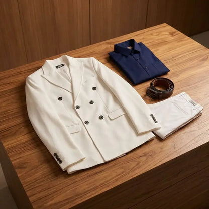 Compra conjunto formal para hombre con blazer, pantalón, camisa y correa en dril prelavado. Disponible en varias tallas, ideal para oficina y eventos en Colombia.
