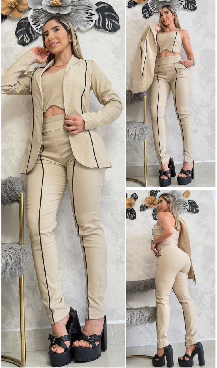 Conjunto formal femenino 3 piezas en bengalina licrada, talla única adaptable a 6, 8 y 10. Diseño elegante con envío rápido en Colombia.