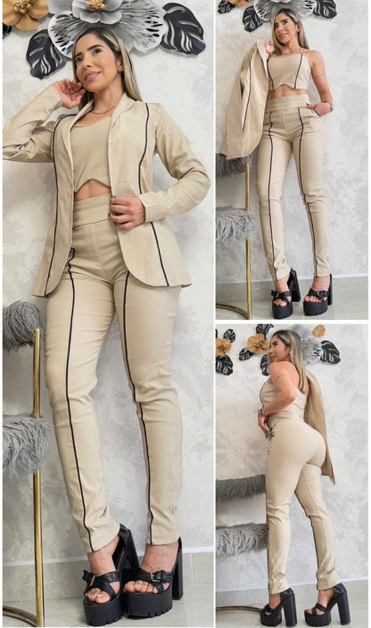 Conjunto formal femenino 3 piezas en bengalina licrada, talla única adaptable a 6, 8 y 10. Diseño elegante con envío rápido en Colombia.