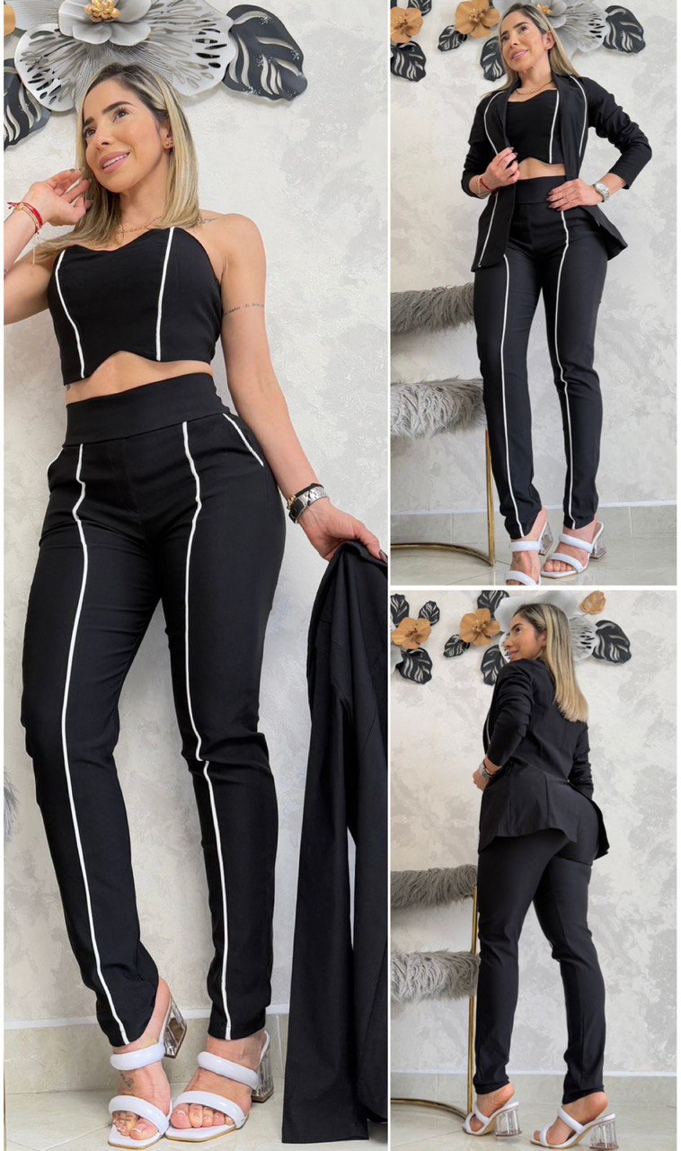 Conjunto formal femenino 3 piezas en bengalina licrada, talla única adaptable a 6, 8 y 10. Diseño elegante con envío rápido en Colombia.