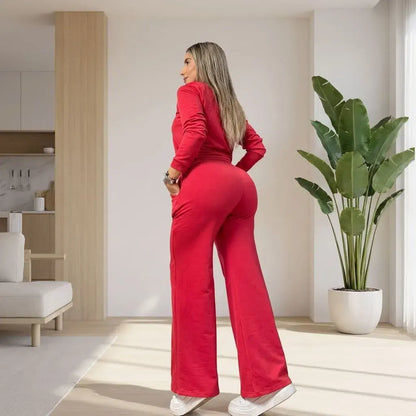 Conjunto  femenino London Ref. 2355 en tela burda con pantalón bota campana. Disponible en tallas S/M y L/XL según inventario.