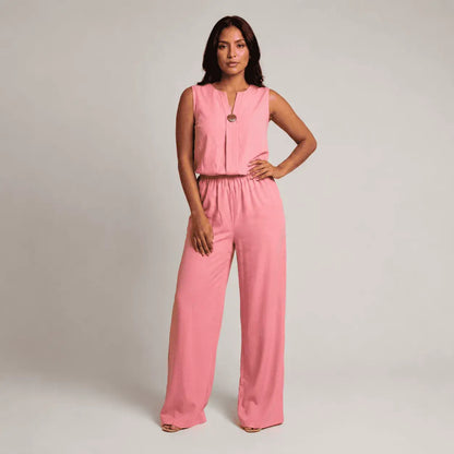 Conjunto Mónaco para mujer con blusa sin mangas y pantalón palazzo de tiro alto. Disponible en tallas S a XL y diferentes colores.