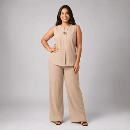 Conjunto Mónaco para mujer con blusa sin mangas y pantalón palazzo de tiro alto. Disponible en tallas S a XL y diferentes colores.