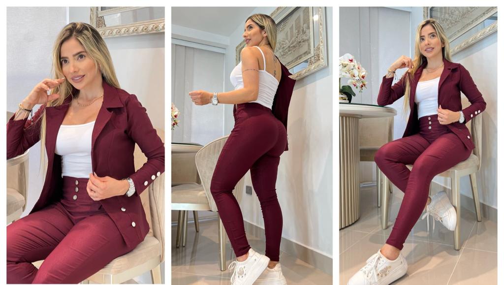 Conjunto femenino 3 piezas en bengalina licrada, talla única adaptable a 6, 8 y 10. Diseño moderno, cómodo y disponible para envío rápido en Colombia.