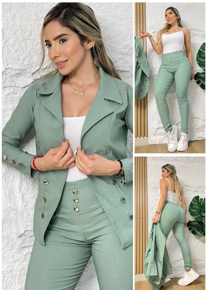 Conjunto femenino 3 piezas en bengalina licrada, talla única adaptable a 6, 8 y 10. Diseño moderno, cómodo y disponible para envío rápido en Colombia.