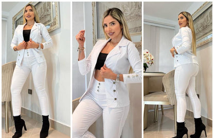 Conjunto femenino 3 piezas en bengalina licrada, talla única adaptable a 6, 8 y 10. Diseño moderno, cómodo y disponible para envío rápido en Colombia.