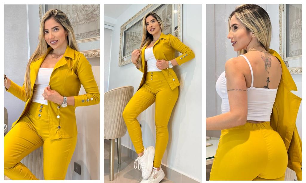 Conjunto femenino 3 piezas en bengalina licrada, talla única adaptable a 6, 8 y 10. Diseño moderno, cómodo y disponible para envío rápido en Colombia.