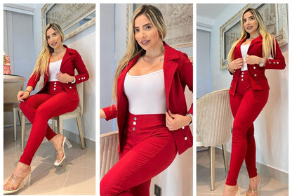 Conjunto femenino 3 piezas en bengalina licrada, talla única adaptable a 6, 8 y 10. Diseño moderno, cómodo y disponible para envío rápido en Colombia.