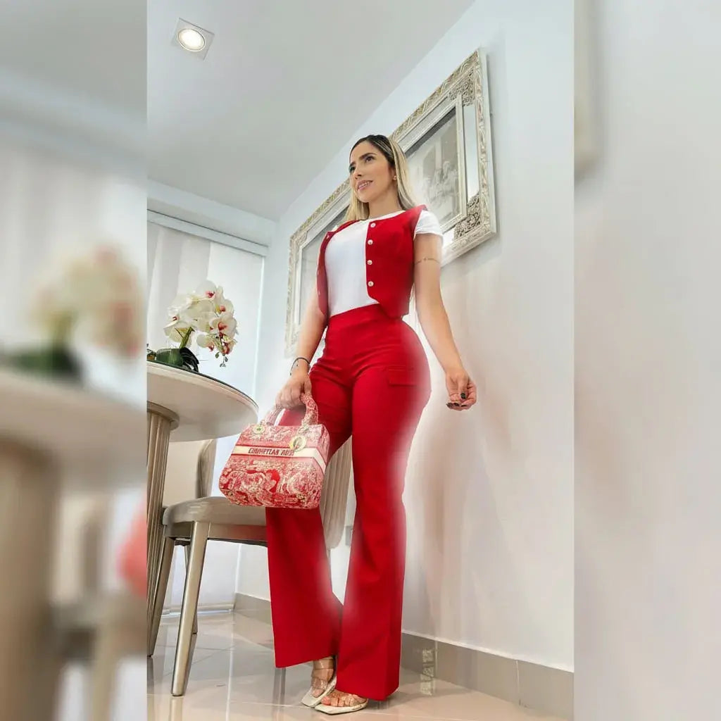 Conjunto femenino 3 piezas con chaleco en bengalina licrada, talla única adaptable a 6, 8 y 10. Diseño moderno con envío rápido en Colombia.