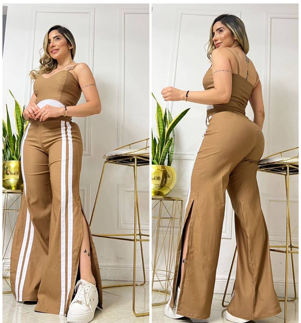Conjunto femenino beisbolero de 2 piezas en bengalina licrada, talla única adaptable a 6, 8 y 10. Diseño moderno con envío rápido en Colombia.