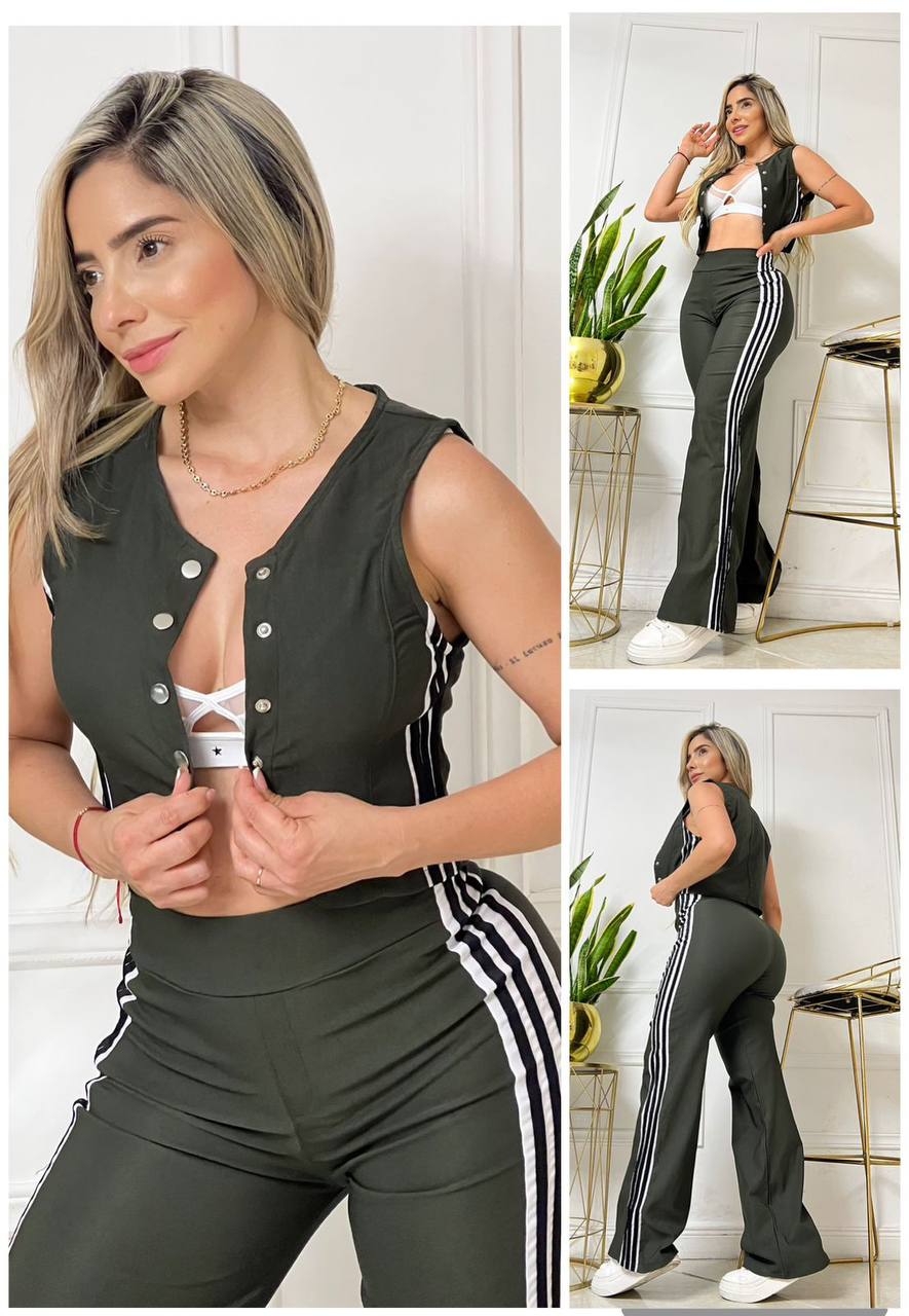 Conjunto femenino beisbolero de 2 piezas en bengalina licrada, talla única adaptable a 6, 8 y 10. Diseño moderno con envío rápido en Colombia.