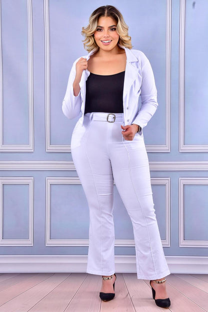Conjunto femenino 3 piezas talla XL en bengalina licrada con pantalón bota ancha. Diseño moderno con envío rápido en Colombia.