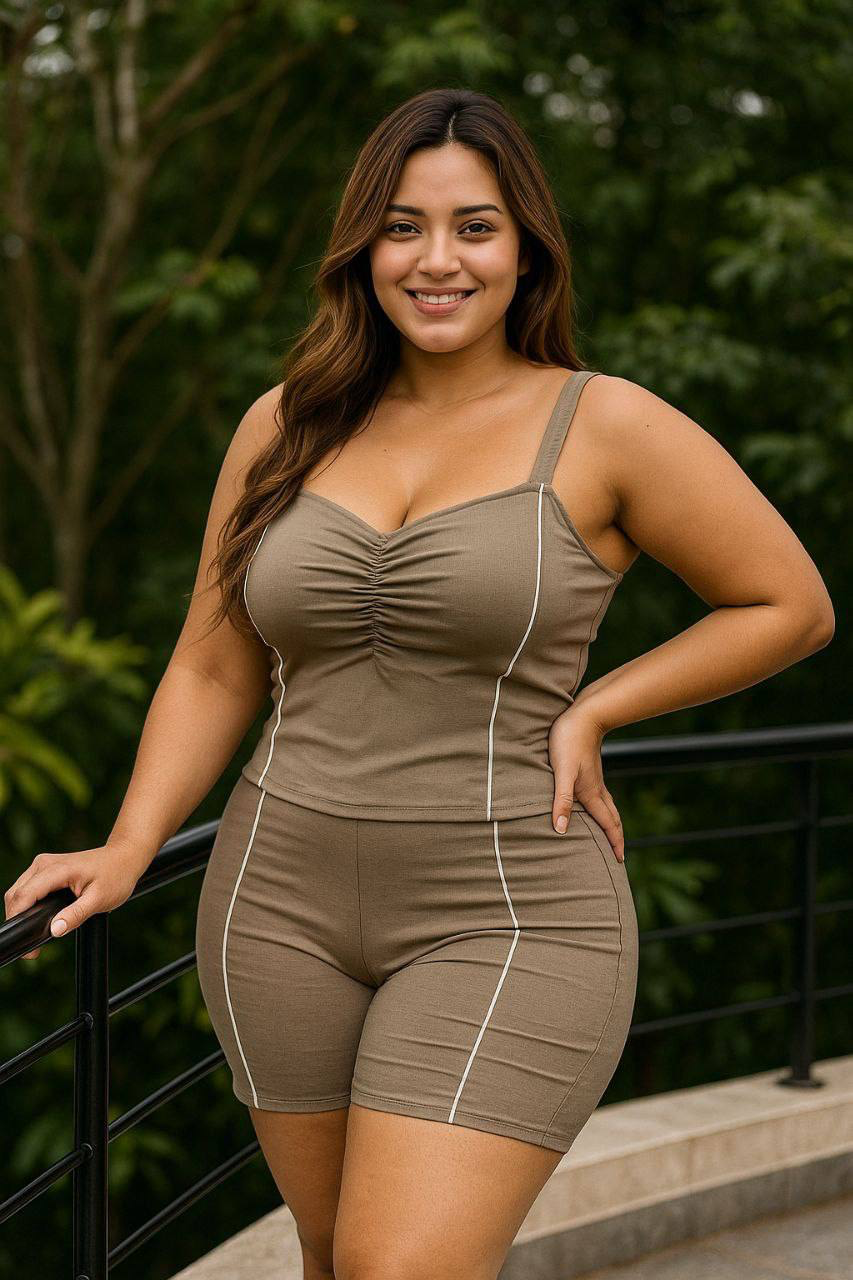 Conjunto plus size de short y blusa en bengalina licrada, talla XL Plus. Diseño moderno y cómodo con envío rápido en Colombia.