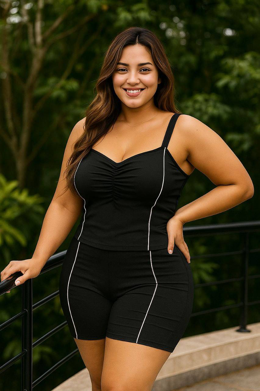 Conjunto plus size de short y blusa en bengalina licrada, talla XL Plus. Diseño moderno y cómodo con envío rápido en Colombia.