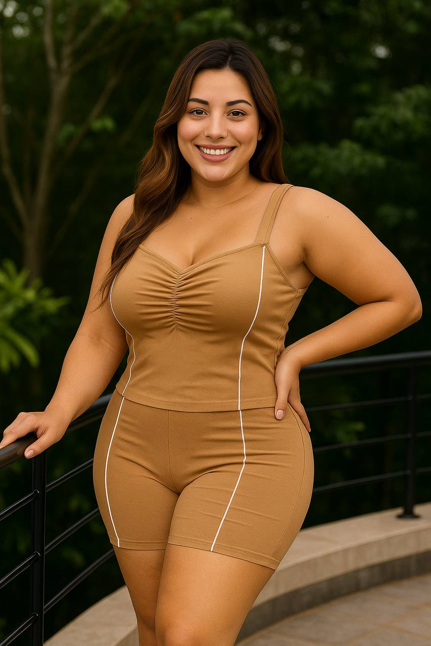 Conjunto plus size de short y blusa en bengalina licrada, talla XL Plus. Diseño moderno y cómodo con envío rápido en Colombia.
