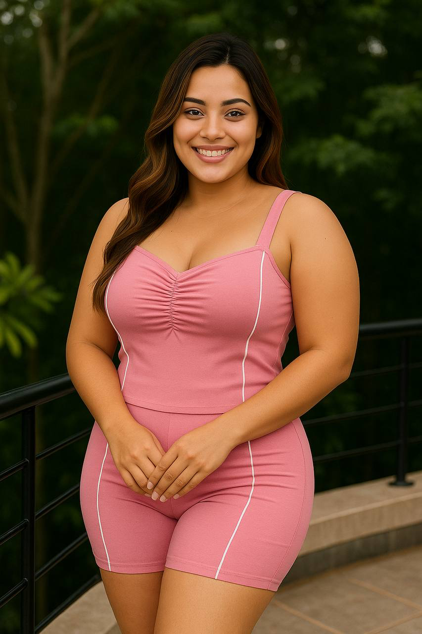 Conjunto plus size de short y blusa en bengalina licrada, talla XL Plus. Diseño moderno y cómodo con envío rápido en Colombia.