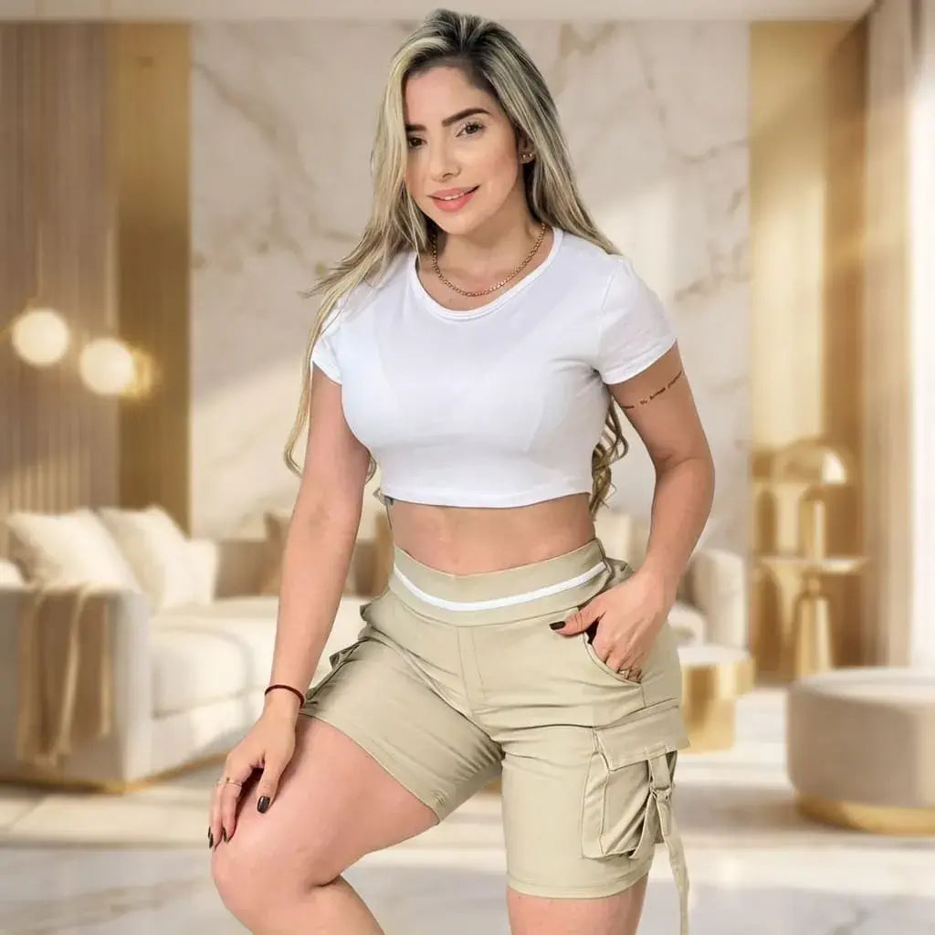Compra conjunto short y camiseta en bengalina licrada para mujer, talla única ajustable a 6, 8 y 10. Moda femenina colombiana con excelente calidad y envío rápido.