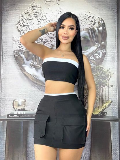 Conjunto femenino top y falda en bengalina licrada, talla única adaptable a 6, 8 y 10. Diseño moderno con envío rápido en Colombia.