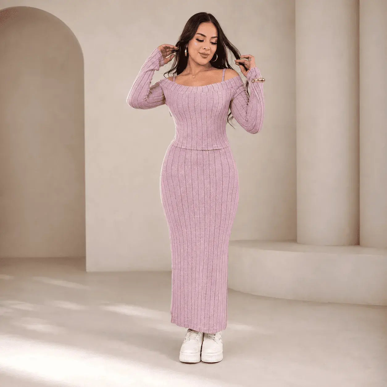 Compra conjunto para mujer vestido y buso importado en tela rib, cómodo, elegante y versátil, ideal para uso diario o eventos.