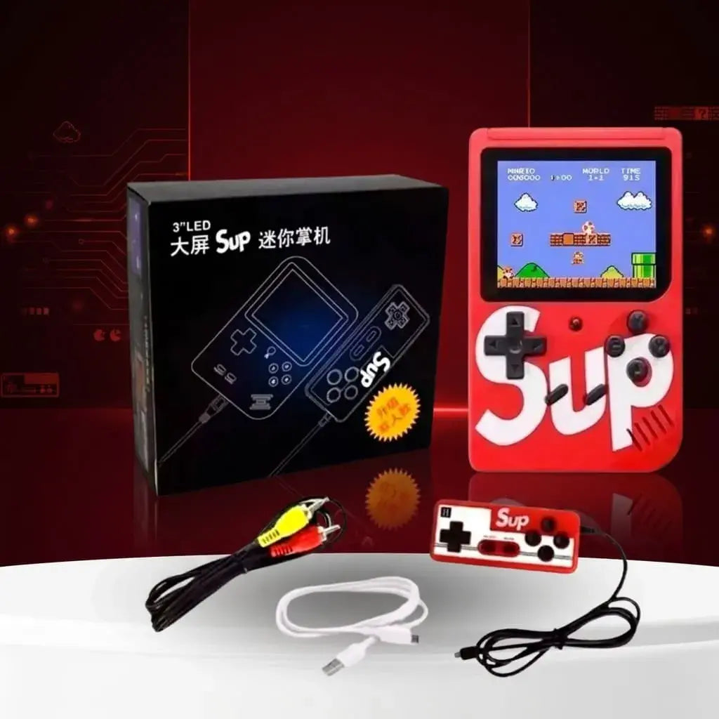 Consola portátil TinyTendo retro con 400 juegos clásicos, batería recargable, control adicional y salida AV para conectar al televisor. Ideal para jugar en casa o de viaje.
