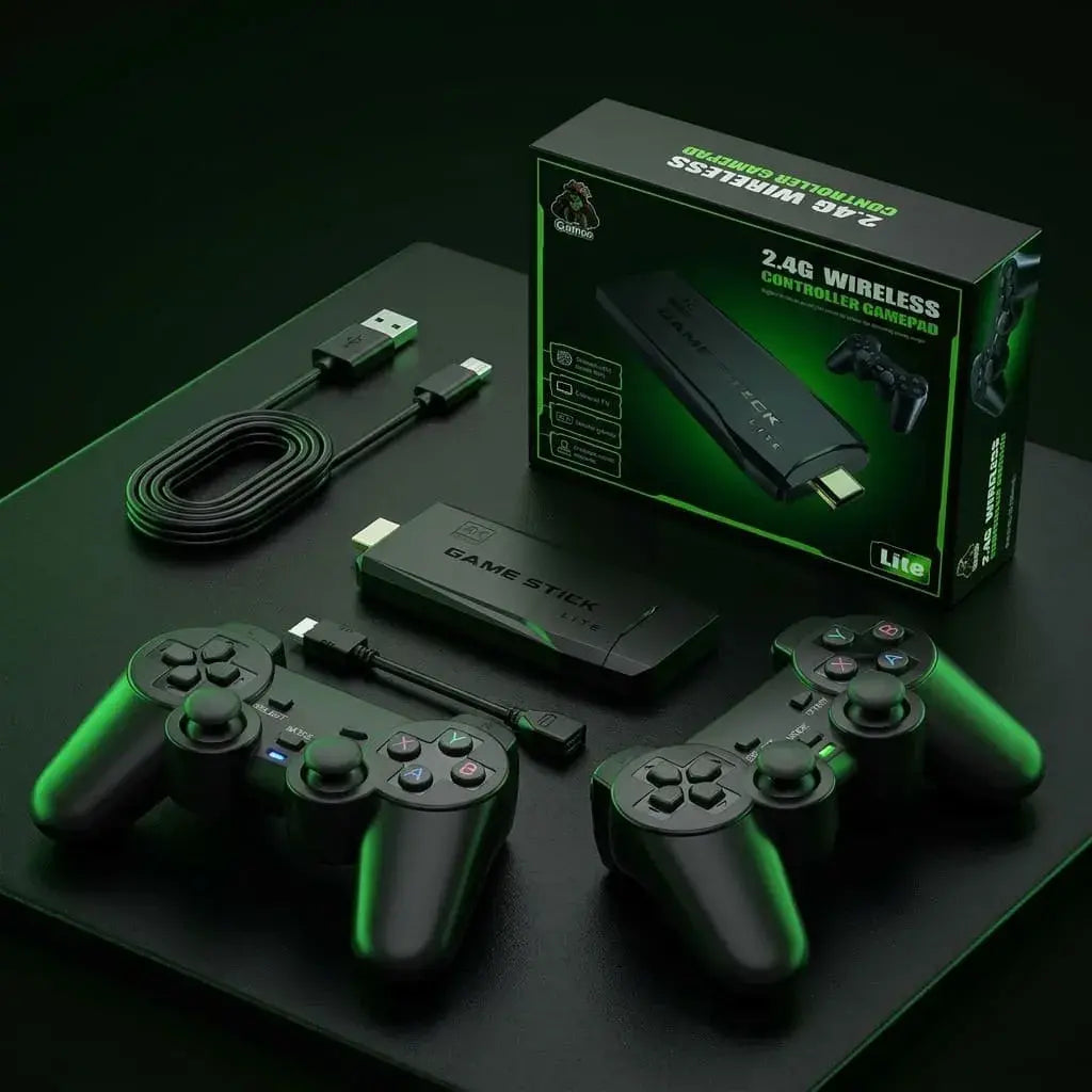 Consola Retro M8 de 64GB para TV con controles inalámbricos 2.4G y juegos clásicos preinstalados, ideal para disfrutar entretenimiento retro en familia.